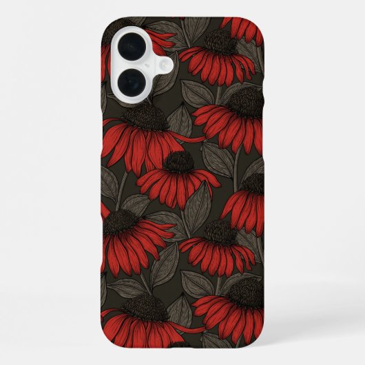 Coque iPhone 16 Plus Fleurs coniques rouges sur fond marron (Verso)