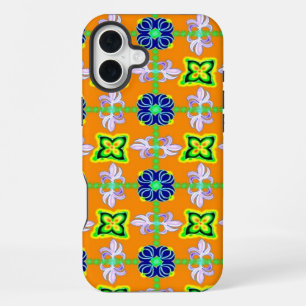 Coque iPhone 16 Plus Fleurs dans le style rétro Art déco vert bleu jaun