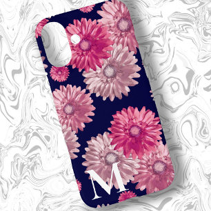 Coque iPhone 16 Plus Fleurs de gerbera rose sur floral bleu foncé