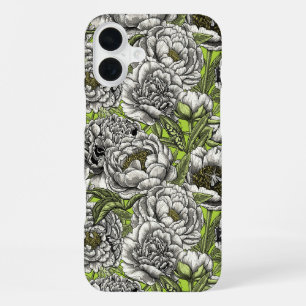 Coque iPhone 16 Plus Fleurs de paeonie blanches et papillons de nuit