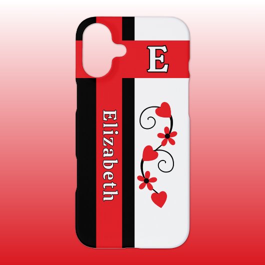 Coque iPhone 16 Plus Fleurs initiales de nom personnalisé cœurs rouges