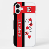 Coque iPhone 16 Plus Fleurs initiales de nom personnalisé cœurs rouges (Verso)