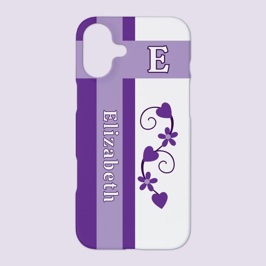 Coque iPhone 16 Plus Fleurs initiales de nom personnalisé cœurs violets