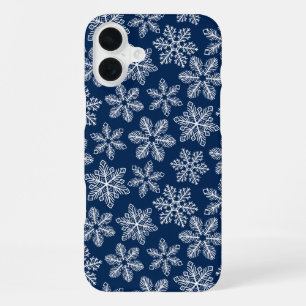 Coque iPhone 16 Plus Flocons de neige sur fond bleu foncé