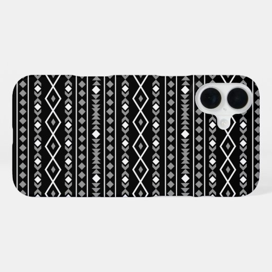 Coque iPhone 16 Plus Formes aztèques Motif blanc gris noir (Verso Horizontal)