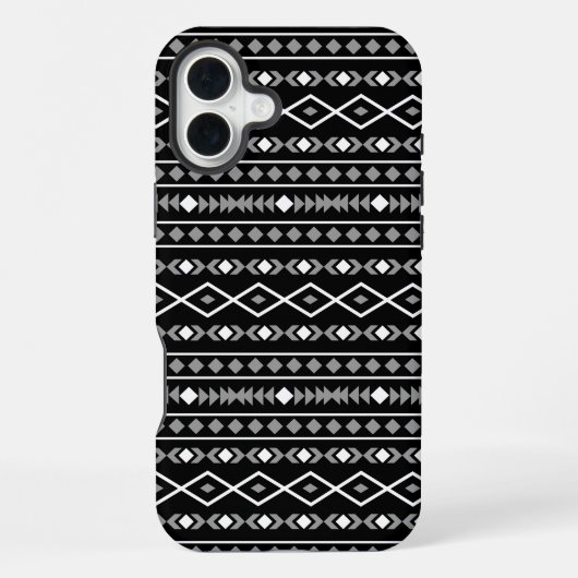 Coque iPhone 16 Plus Formes aztèques Motif blanc gris noir (Verso)