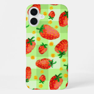 Coque iPhone 16 Plus Fraises douces et plaid aquarelle de pâquerettes