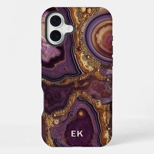 Coque iPhone 16 Plus Géode d'agate violette en or Monogram (Verso)
