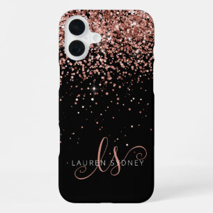Coque iPhone 16 Plus Glam Rose Gold Parties scintillant Élégant Monogra