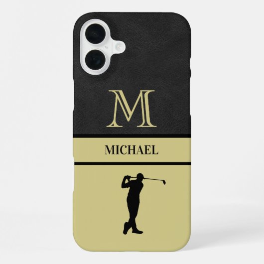 Coque iPhone 16 Plus Golf Guy Black Leather Texogramme Nom (Verso)