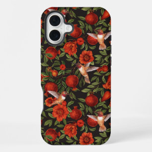 Coque iPhone 16 Plus Grenades et colibris/feuilles vertes sur fond noir