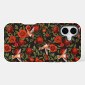 Coque iPhone 16 Plus Grenades et colibris/feuilles verts en noir (Verso Horizontal)