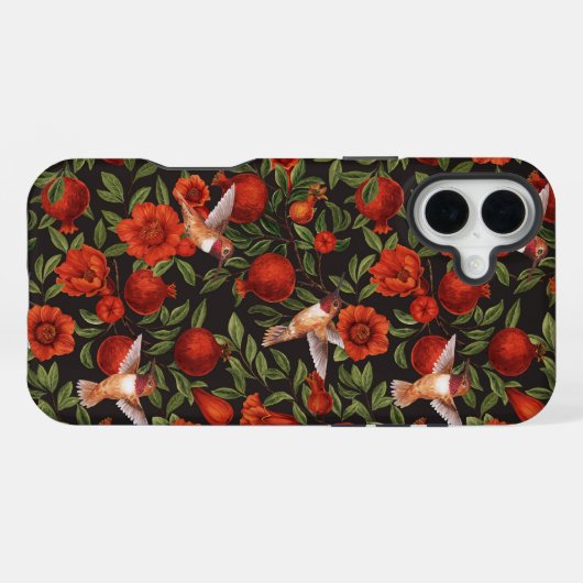 Coque iPhone 16 Plus Grenades et colibris/feuilles verts en noir (Verso Horizontal)