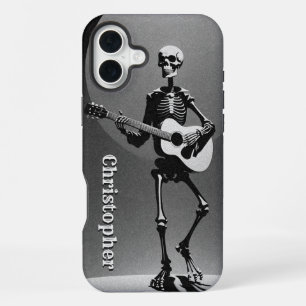 Coque iPhone 16 Plus Guitare acoustique squelette noir blanc grain grun