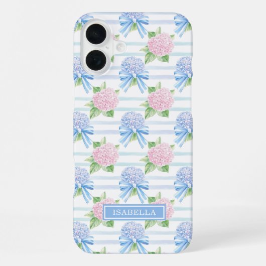 Coque iPhone 16 Plus Hydrangeas Rayées Rose et Bleu (Verso)