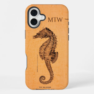 Coque iPhone 16 Plus Illustration de hippocampe vintage avec initiales
