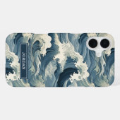 Coque iPhone 16 Plus Japanese Waves Pattern Monogrammed (Verso Horizontal)