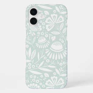 Coque iPhone 16 Plus Jardin Géométrique Floral Blanc sur Fond Menthe Pâ