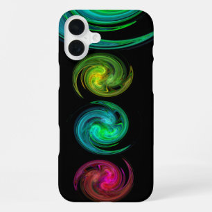 Coque iPhone 16 Plus JAUNE ROUGE BLEU CLAIR VORTEX Fractal Art, Noir