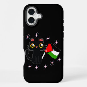 Coque iPhone 16 Plus joli chat noir tenant le drapeau de la Palestine