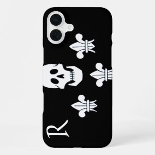 Coque iPhone 16 Plus JOLLY ROGER CRÂNE ET DRApeau MONOGRAMME TROIS LILA
