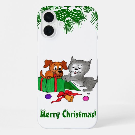 Coque iPhone 16 Plus Joyeux Noël avec chat et chiot (Verso)