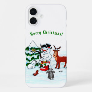 Coque iPhone 16 Plus Joyeux Noël ! Bonhomme de neige avec des amis