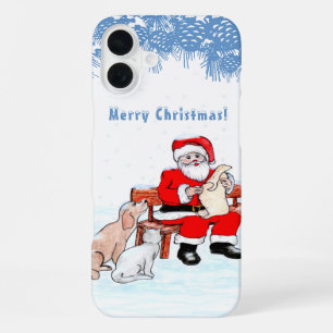 Coque iPhone 16 Plus Joyeux Noël - Père Noël avec chat et chien