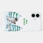 Coque iPhone 16 Plus Joyeux Noël ! Snowman avec chat et chiot (Verso Horizontal)