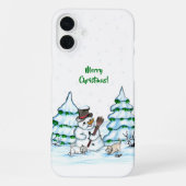 Coque iPhone 16 Plus Joyeux Noël ! Snowman avec chat et chiot (Verso)