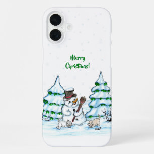 Coque iPhone 16 Plus Joyeux Noël ! Snowman avec chat et chiot