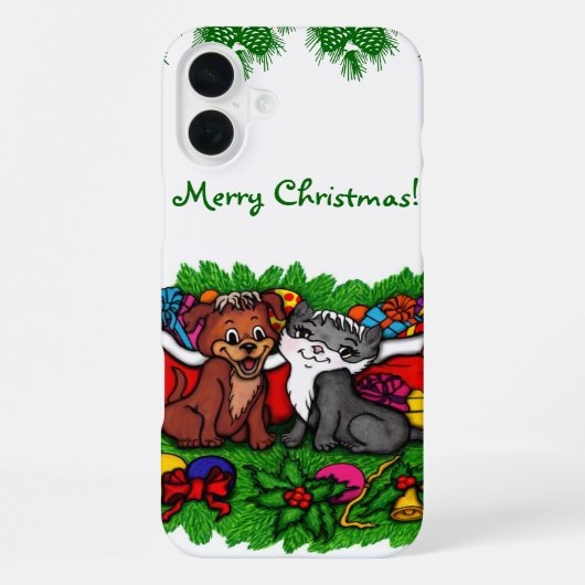 Coque iPhone 16 Plus Kitty et Puppy, Joyeux Noël (Verso)