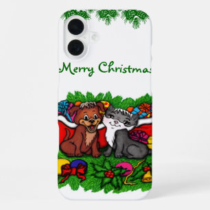 Coque iPhone 16 Plus Kitty et Puppy, Joyeux Noël