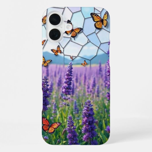 Coque iPhone 16 Plus Lavande et Papillons au Crépuscule Vitrail (Verso)