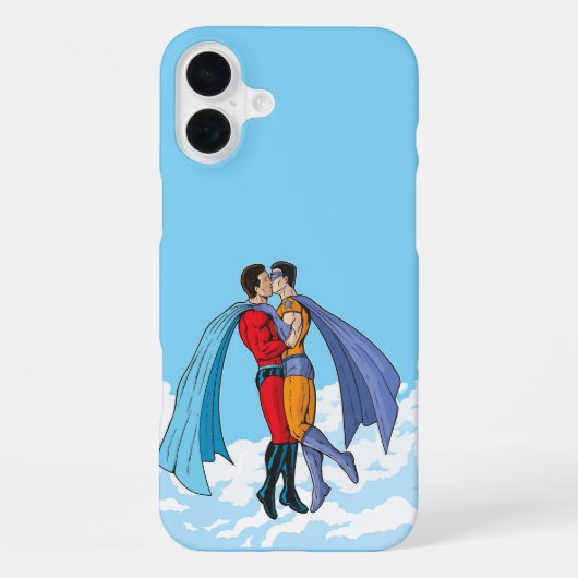 Coque iPhone 16 Plus Les deux superhéros de SlipperyJoe embrassant un v (Verso)