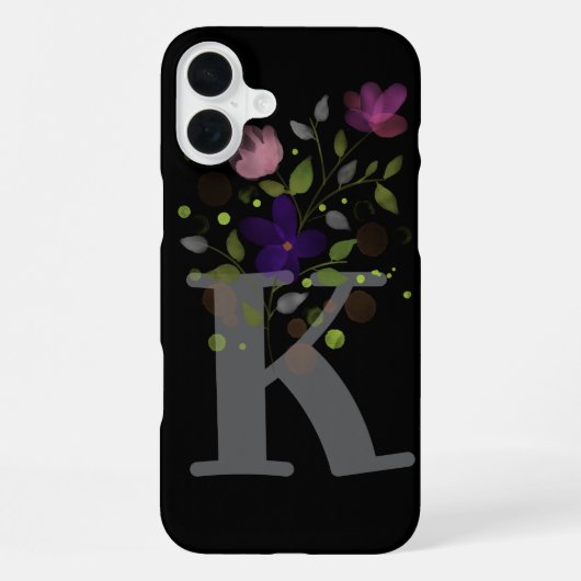 Coque iPhone 16 Plus Lettre initiale K plus dessin floral (Verso)