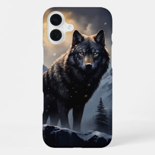 Coque iPhone 16 Plus Loup noir dans les montagnes enneigées