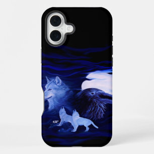 Coque iPhone 16 Plus Loups et corbeau avec pleine lune