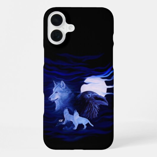 Coque iPhone 16 Plus Loups et corbeau avec pleine lune (Verso)