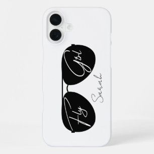 Coque iPhone 16 Plus Lunettes de soleil Aviator noires avec écriture Fl