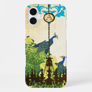 Coque iPhone 16 Plus Lustre Paon Vintage Monogramme en Damassé pour iPh