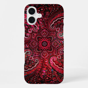 Coque iPhone 16 Plus Magique Rouge Paisley sur Fond Noir