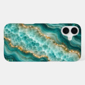 Coque iPhone 16 Plus Marbre de luxe en agate turquoise avec veines d'or (Verso Horizontal)