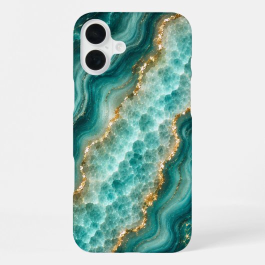 Coque iPhone 16 Plus Marbre de luxe en agate turquoise avec veines d'or (Verso)