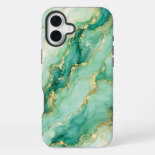 Coque iPhone 16 Plus Marbre Luxe Menthe & Or (Verso)