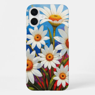 Coque iPhone 16 Plus Marguerite fleur sauvage boho blanc et bleu