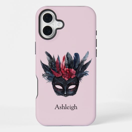 Coque iPhone 16 Plus Masque à plumes rouges noires (Verso)