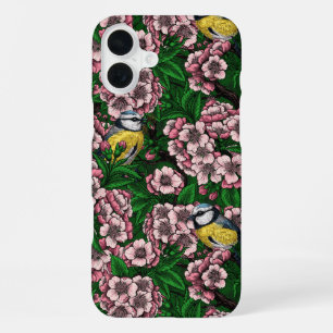 Coque iPhone 16 Plus Mésanges bleues dans le cerisier en fleurs sur fon