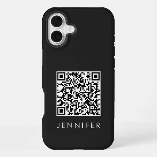 Coque iPhone 16 Plus Modern Minimalist Black Executive QR Code Monogram (Verso)