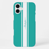 Coque iPhone 16 Plus Moderne Bandes de Course Blanc Sarcelle Monogramme (Verso)